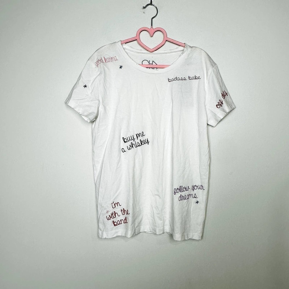 Chaser NWT Crew Neck Short Sleveless Embroidered Chatty Tee Shirt White Medium - Picture 2 of 9